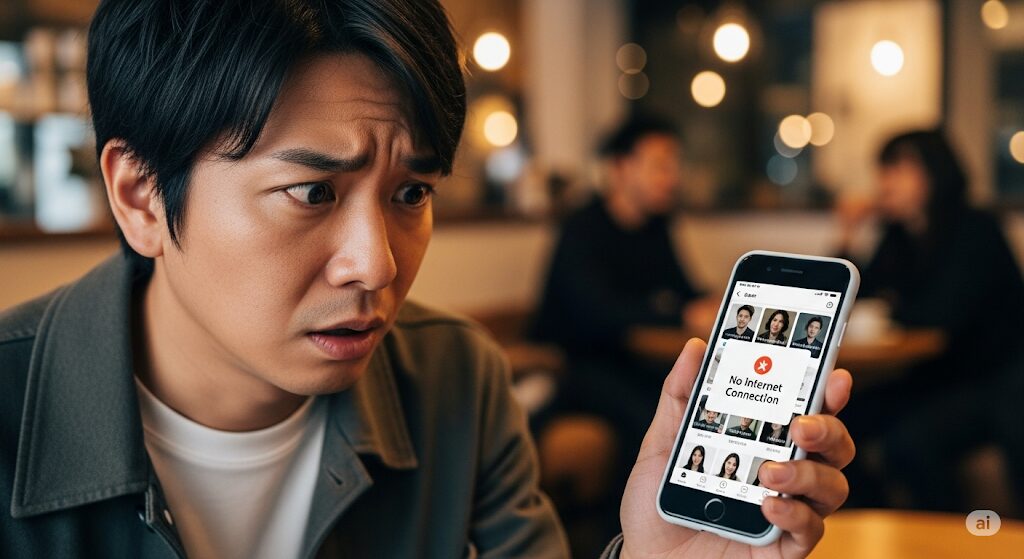 マッチングアプリで相手がログインしなくなり、困惑した表情でスマホ画面を見る男性の画像。脈ありか脈なしかを見極めるポイント。
