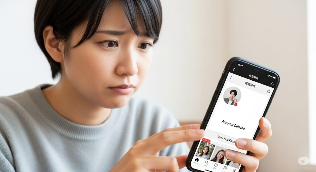 マッチングアプリの相手が突然退会し、プロフィールが見られなくなって落胆する女性の画像。突然の退会は脈なしサインの可能性。