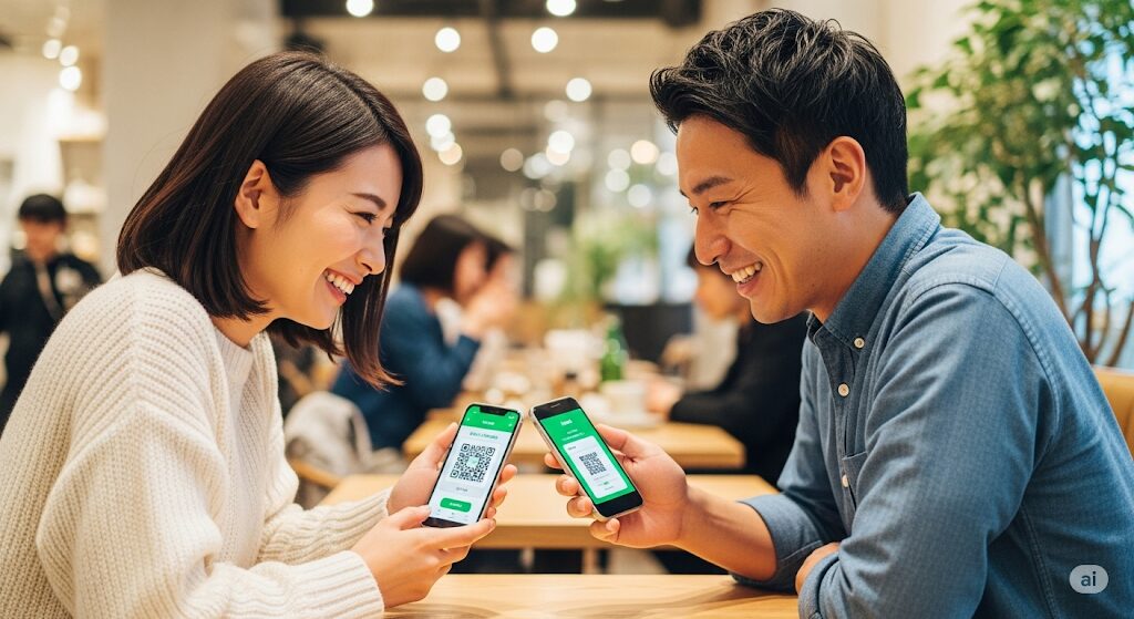LINE交換で関係が進展する日本人カップル。マッチングアプリでの脈ありサイン。