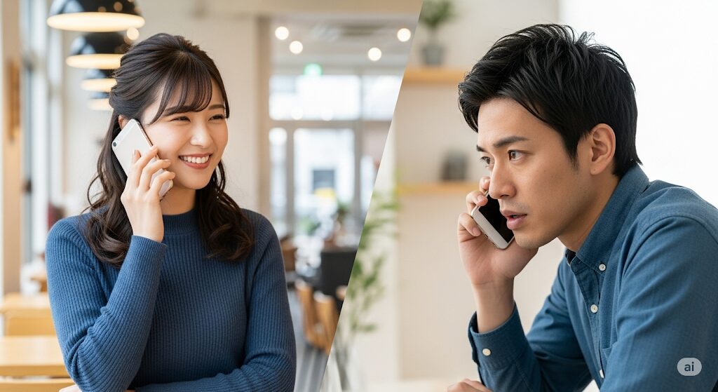 女性からの電話で脈ありを示す日本人男女。マッチングアプリでの真剣な関係。