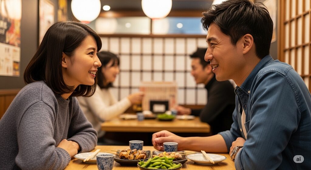 マッチングアプリでのデート中に笑顔が多く、頻繁に目が合う日本人カップル。脈ありのサインを示す行動が表れている。