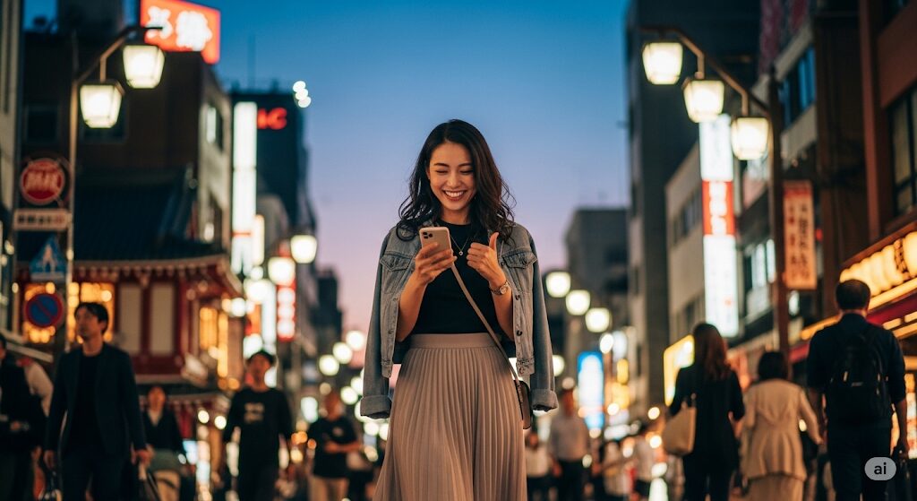 マッチングアプリの初デート後、楽しかったと感謝のメッセージを送る日本人女性。女性からの脈ありアプローチの瞬間。