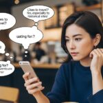 マッチングアプリで質問に答えるだけの女性の心理描写。スマホを見つめ、質問への回答を考える女性の様子。