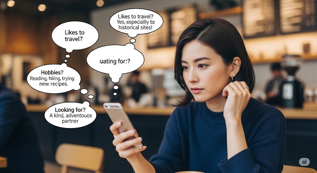 マッチングアプリで質問に答えるだけの女性の心理描写。スマホを見つめ、質問への回答を考える女性の様子。