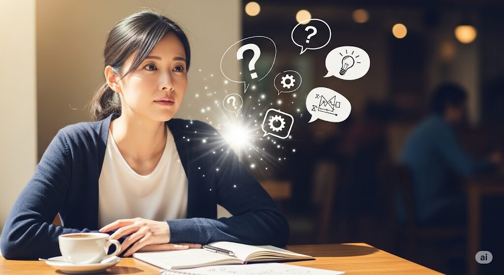 マッチングアプリで質問に答えるだけの女性の内向的な心理を表現。頭の中に疑問符が浮かび、返答を熟考する女性。