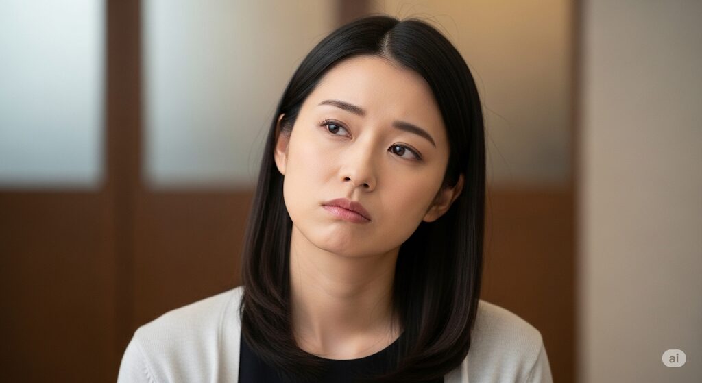 マッチングアプリで質問に答えるだけの日本人女性が、少し退屈そうにしている様子。脈なしかと悩む男性の心境を表す画像。