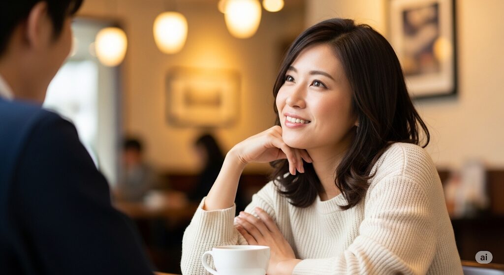 マッチングアプリで質問してこなくても、わずかな興味のサインを見せる日本人女性。会話に楽しそうな表情を見せる。