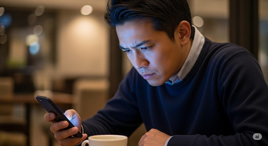マッチングアプリでの一方的なやり取りに疲れ、スマートフォンを見つめる日本人男性。疲労感が伝わる画像。