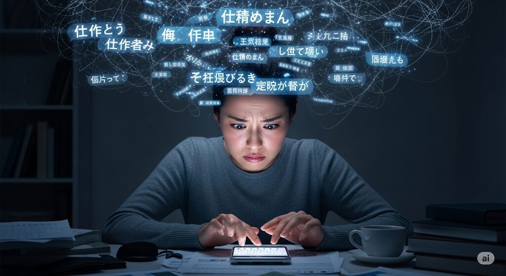 メッセージが苦手なマッチングアプリの女性。質問への返信に悩み、文字入力に苦労しているストレスを抱えた様子。