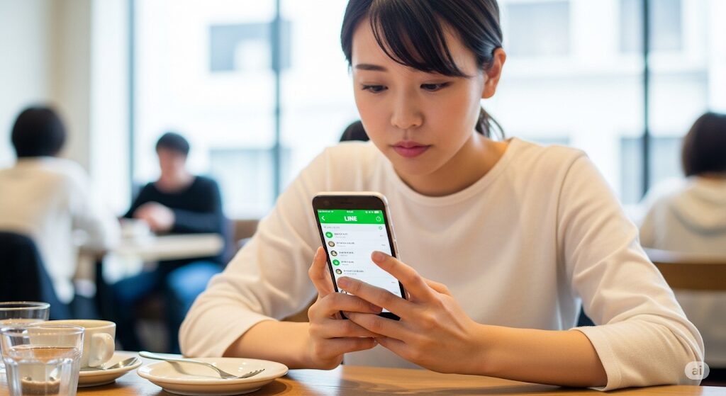 LINE交換後も質問に答えるだけの女性。スマホのLINE画面を見ながら、メッセージの優先度が低い状態を示唆する姿。