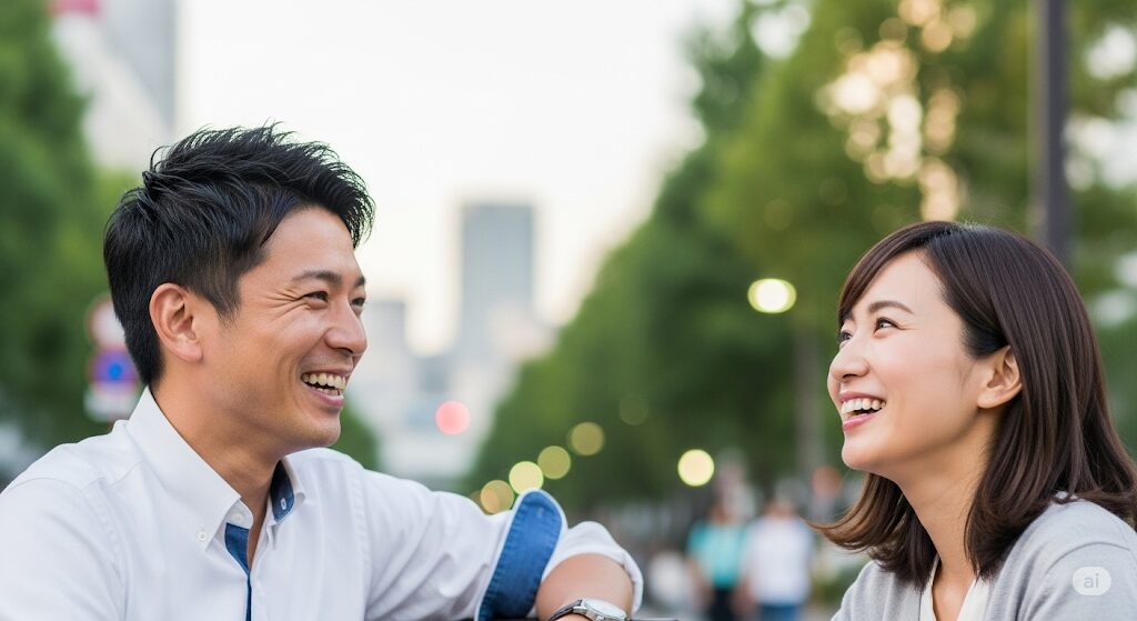 マッチングアプリで質問に答えるだけの女性との会話を広げる、笑顔でコミュニケーションをとる男女の様子。効果的なメッセージの返し方を実践。