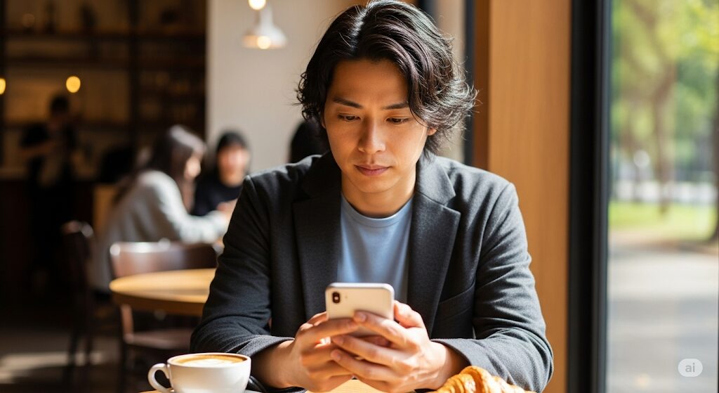 マッチングアプリで質問に答えるだけの女性とのLINEを続けるため、スマートフォンを見ながら考え込む日本人男性。メッセージ戦略を練る。