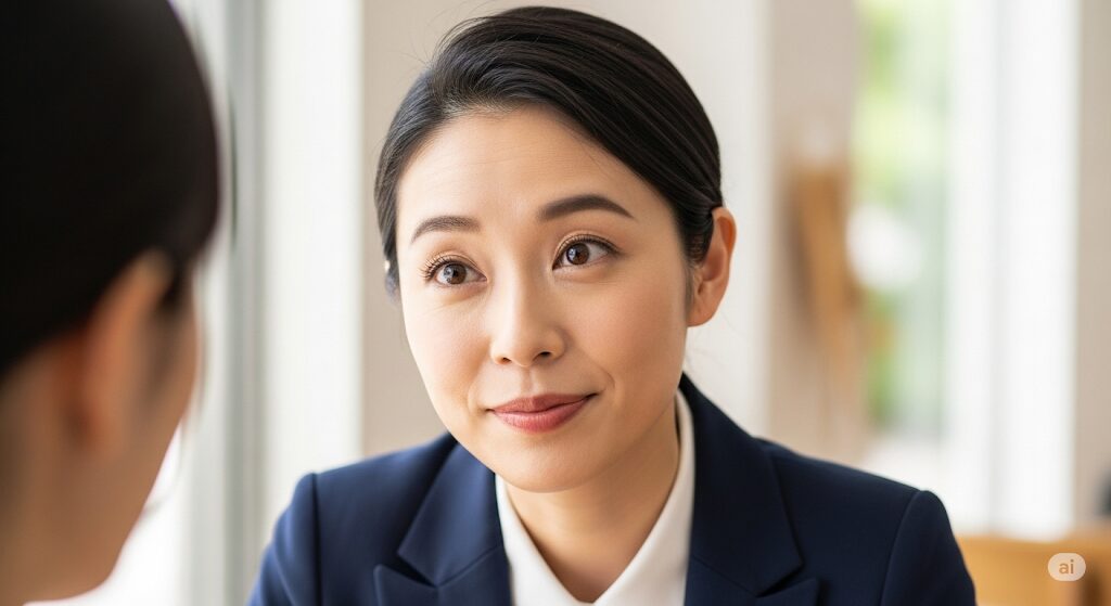 マッチングアプリで質問に答えるだけの女性からLINEで自然な質問を引き出すため、相手の反応を促すような表情の日本人女性。