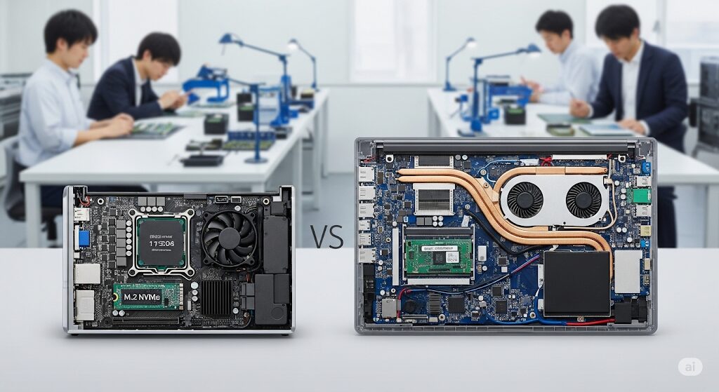 ミニPCとノートPCの内部構造を比較。それぞれのスペックの違いや冷却性能、拡張性を視覚的に示す。