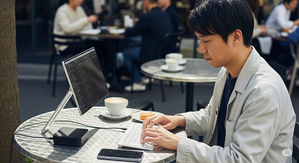 カフェでモバイルモニターとキーボードを使ってミニPCを持ち運び運用する日本人。ミニPCとノートPCどっちが良いか、持ち運びやすさやユニークな活用法に関心のあるユーザー向けのイメージ。