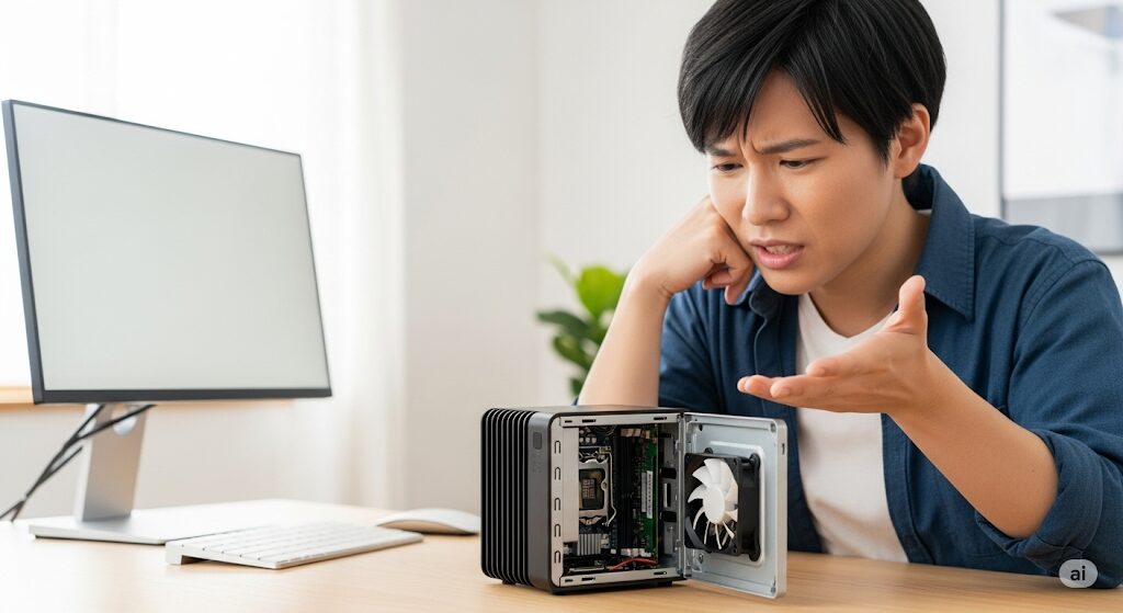 ミニPCの拡張性の低さに不満を感じる日本人。「ミニPCとノートPCどっちが良い?」と悩む際のミニPCの欠点を示す画像。
