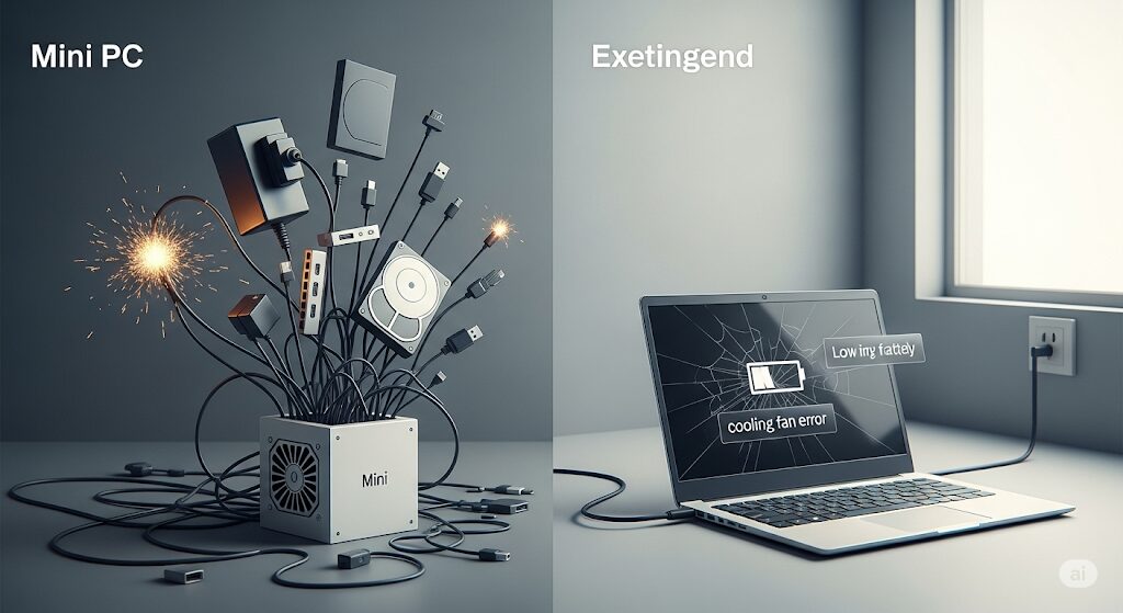 ミニPCとノートPC、それぞれのデメリットを視覚的に表現したイメージ。「ミニPCとノートPCどっちが良い?」の比較検討に役立つ。