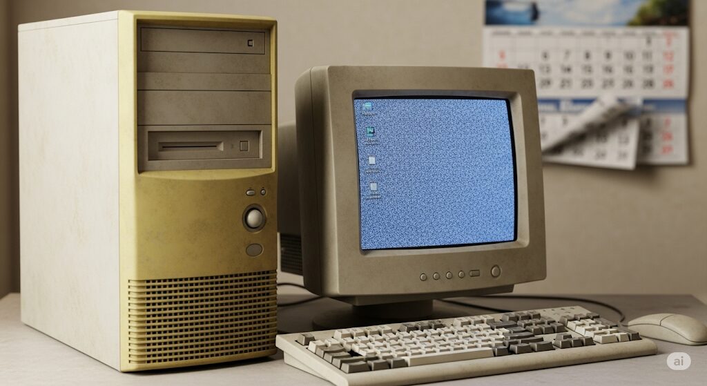 古いデスクトップPCとカレンダーで表現されたパソコンの寿命。ミニPCとノートPCの寿命の比較検討を示す画像。