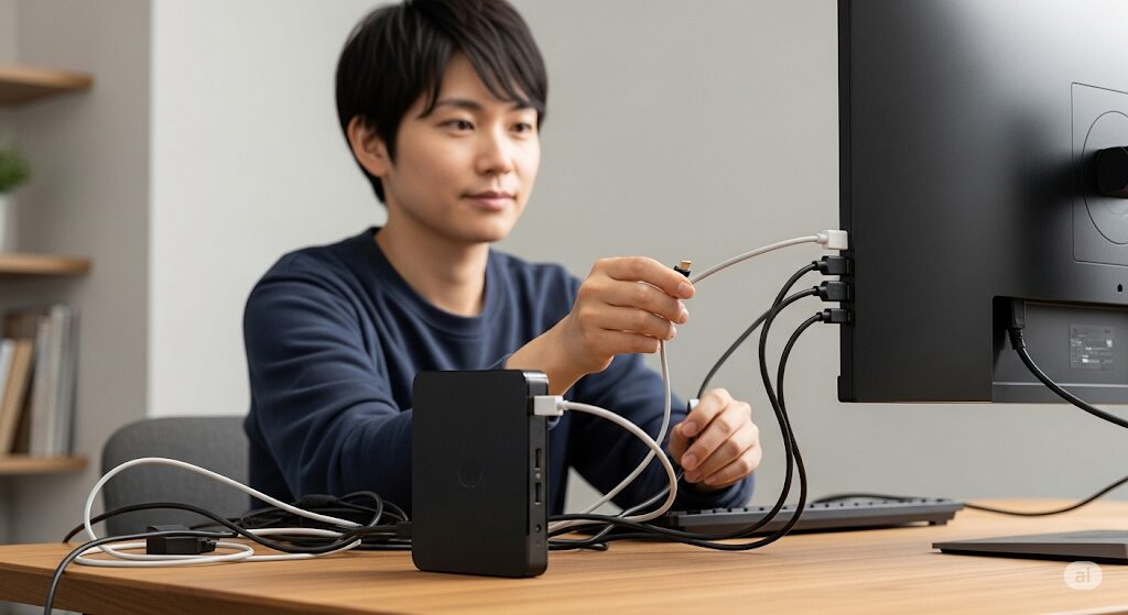 ミニPCにHDMI、DisplayPort、USB Type-Cケーブルで外部モニターを接続する日本人。「ミニPCとノートPCどっちが良い?」の選び方。