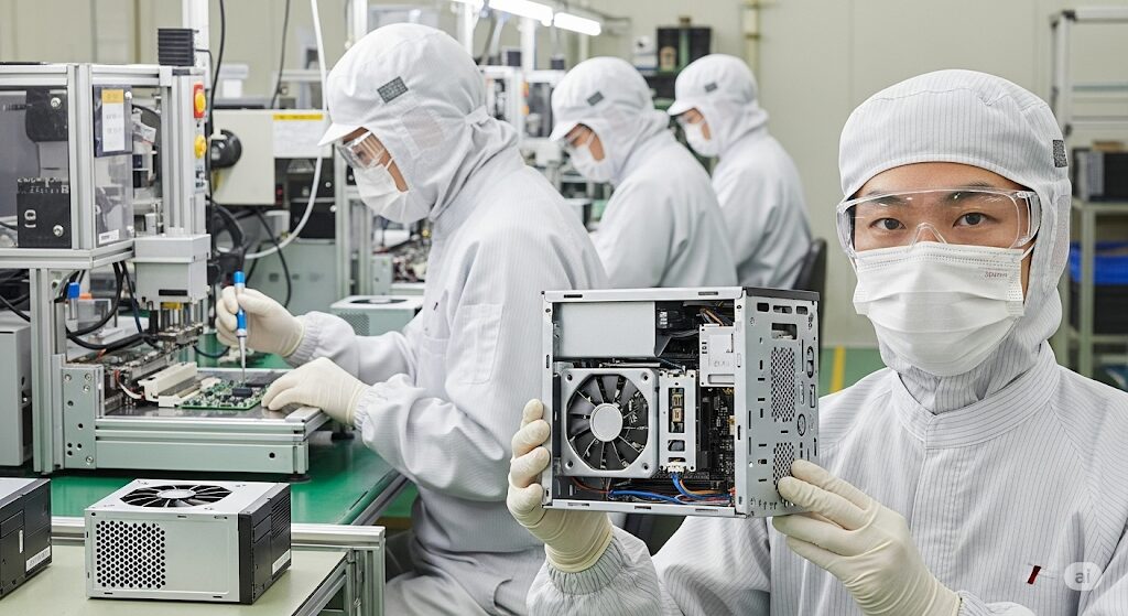 日本の工場でミニPCのシンプルな構造と製造工程を示すエンジニア。部品点数の少なさが価格の安さの理由。