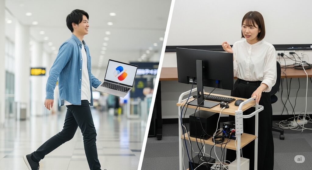 ノートPCの優れた携帯性と、モニターなど周辺機器が必要なミニPCの持ち運びの難しさを比較する日本人。