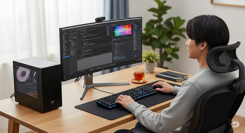 自宅のデスクでミニPCと大画面モニターを使って快適に仕事をする日本人。ミニPCとノートPCどっちが良いか迷うビジネスパーソンにとって、固定作業の快適性を追求した環境のイメージ。