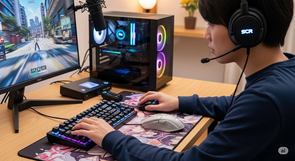 ゲーミングキーボードとマウスを使い、コンパクトなゲーミングPCで真剣にゲームを楽しむ日本人。ミニPCとノートPCどっちが良いか、ゲーミング性能を重視するユーザー向けの画像。