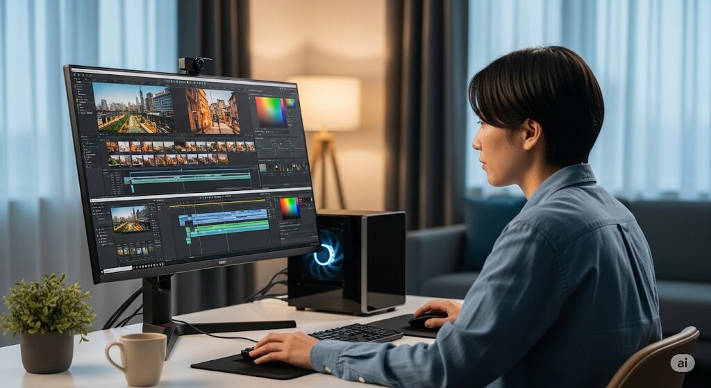 大画面モニターで動画編集ソフトを使い、高性能なミニPCで作業する日本人。ミニPCとノートPCどっちが良いか、動画編集の負荷に耐えうるPCを検討しているユーザーに参考になる環境。