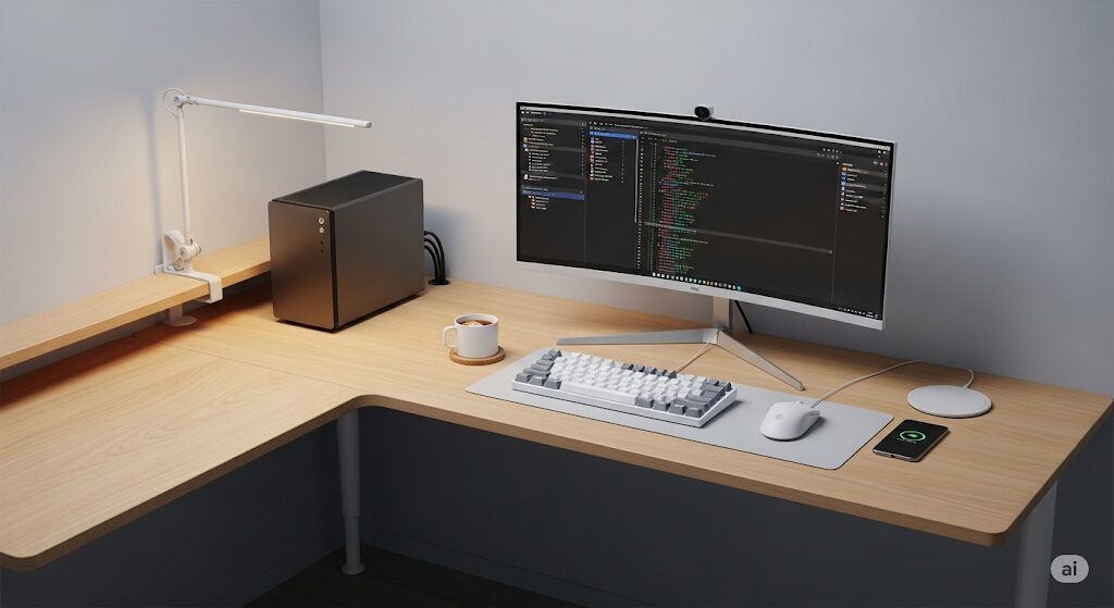 コンパクトなミニPCを配置した、すっきりとしたミニマルなデスク環境。省スペースPCの導入を考えているユーザーに、理想的なデスク周りのイメージを提供。