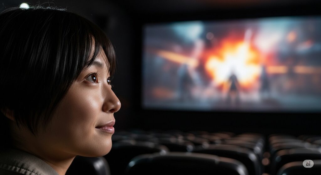 映画館で上映中の作品を観賞する日本人女性の横顔。この映画はどこで見れる？と探している人々に役立つ情報提供を促す画像です。