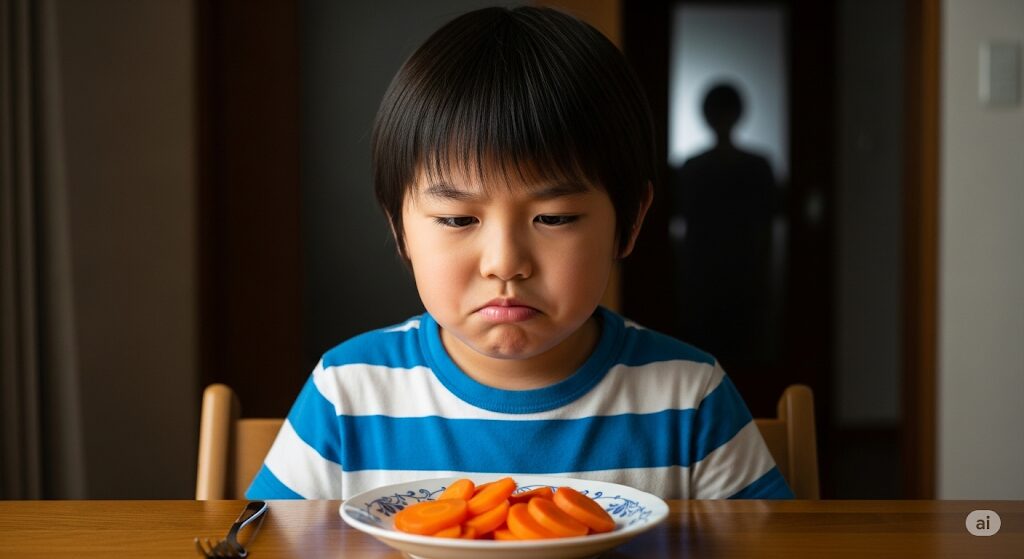 「にんじん大好き」の主人公、にんじんが嫌いな少年たかし。背景に潜む影が物語のあらすじに不穏な予感を漂わせる。