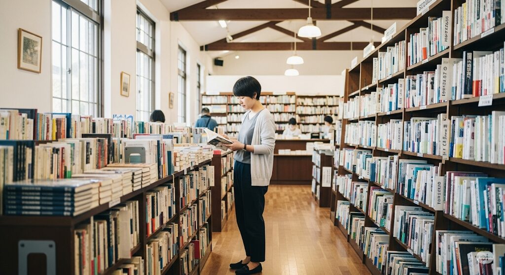 にんじん大好きがどこで読めるか探している人が、中古書店で本を安全に入手している様子