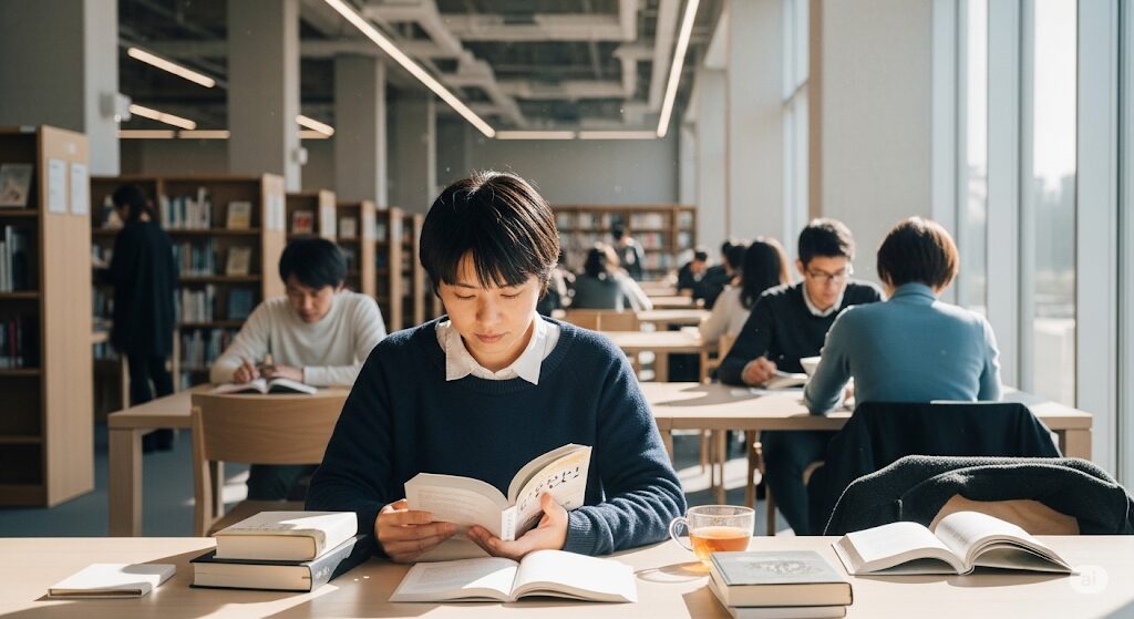 にんじん大好きを無料で読む方法として、図書館で本を読む日本人の姿
