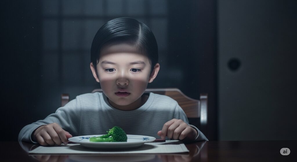 多くの読者に響く「好き嫌い」の普遍的なテーマを描写。少年が苦手な野菜を見つめる光景。
