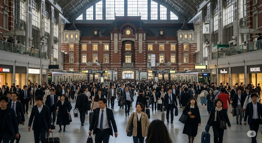 東京駅の広々とした構内で多くの日本人旅行者やビジネスマンが行き交う様子。ニューヨークキャラメルサンドはどこで買える?東京駅の販売場所を解説。