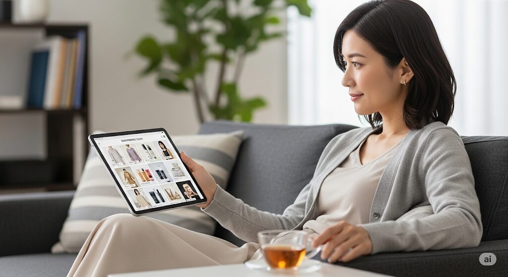 大丸オンラインストアでニューヨークキャラメルサンドを探す日本人女性。どこで買えるかのヒント。