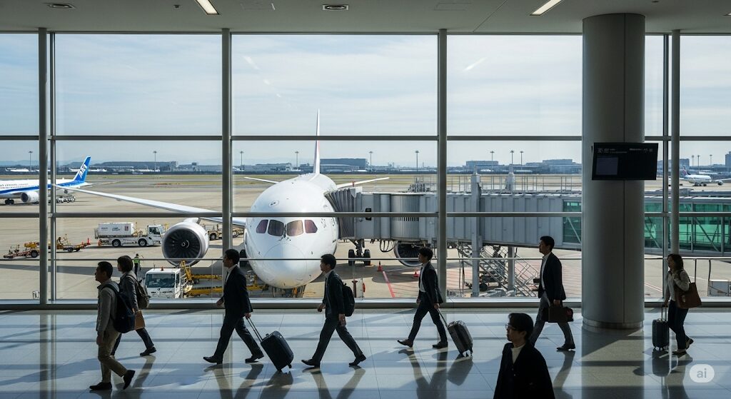 羽田空港のターミナル内を歩く日本人旅行客と駐機中の飛行機。ニューヨークキャラメルサンドがどこで買えるか、羽田空港の店舗情報。