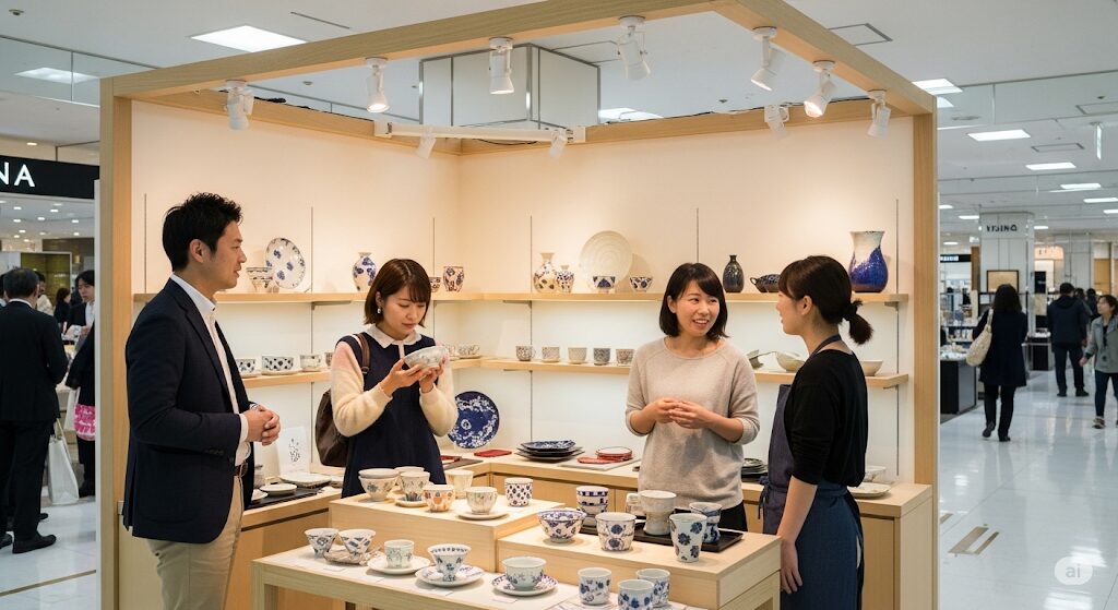 日本の百貨店で開催されている催事で商品を見る日本人客たち。ニューヨークキャラメルサンドが全国の催事でどこで買えるかを示す。