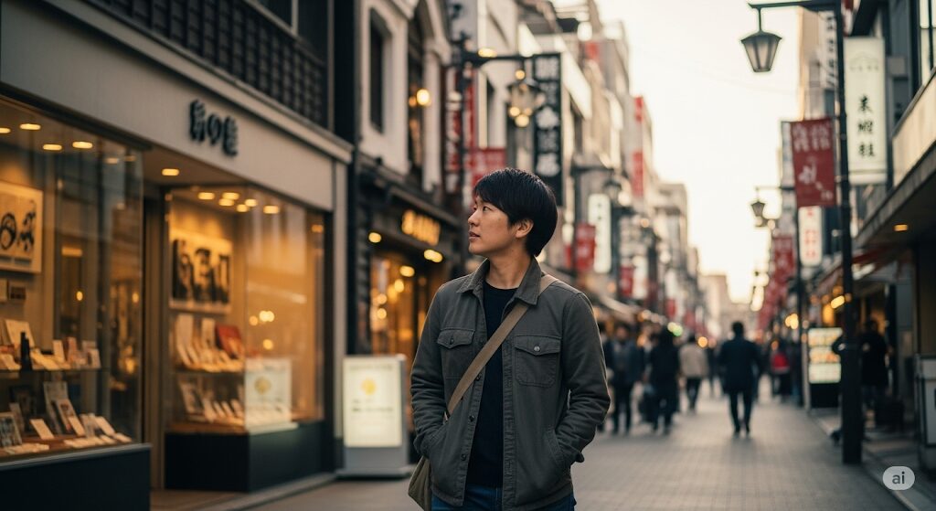 福岡の街並みを歩き、ニューヨークキャラメルサンドの店舗を探す日本人。どこで買えるか調査中。