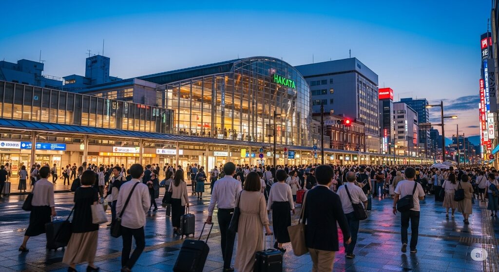 多くの人々で賑わう博多駅の外観。ニューヨークキャラメルサンドは博多駅で買える?