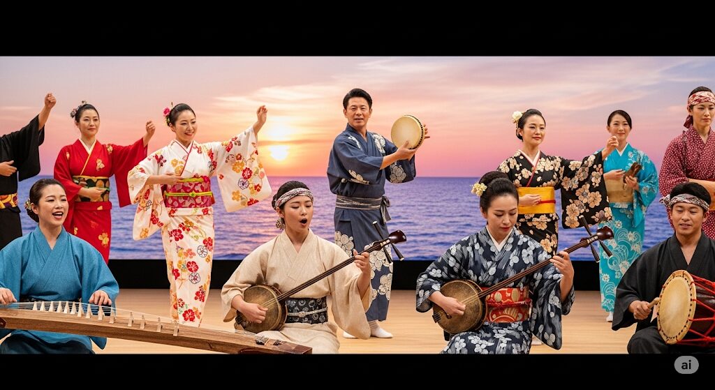 沖縄の伝統的な衣装を身につけ、三線や太鼓を演奏する人々。沖縄特有の文化が、多くの芸能人を輩出する土壌となっている様子を表しています。