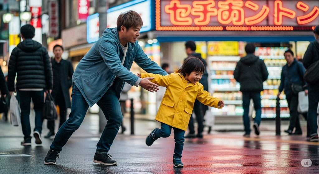 街中で子どもを助ける日本人男性の心温まるシーン。ファンが語る沖縄芸能人の感動的なエピソードを想起させます。