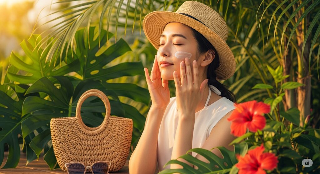 熱帯植物に囲まれ日焼け止めを塗る日本人女性。透明感あふれる沖縄美人の肌を守る秘訣とライフスタイルを表す画像です。