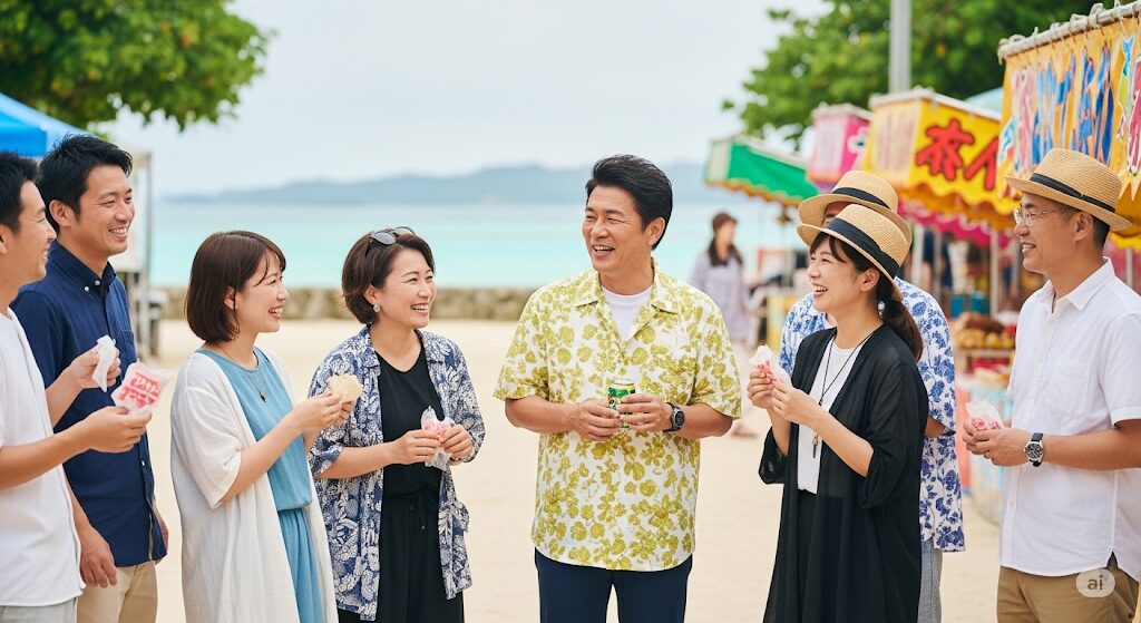 沖縄の観光地で、一般の人々と笑顔で交流する日本人芸能人の様子。SNSで話題になる、沖縄での芸能人目撃情報をイメージ。