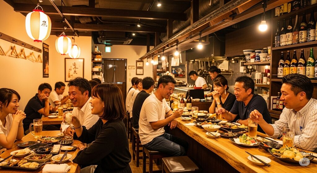 沖縄の温かい雰囲気の居酒屋で、食事と会話を楽しむ日本人客たち。芸能人も訪れると噂される、沖縄の人気の飲食店の光景。