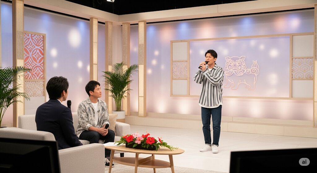 沖縄のテレビスタジオでインタビューを受ける日本人芸能人。地元のメディアで活躍する沖縄出身のスターを象徴する一枚。