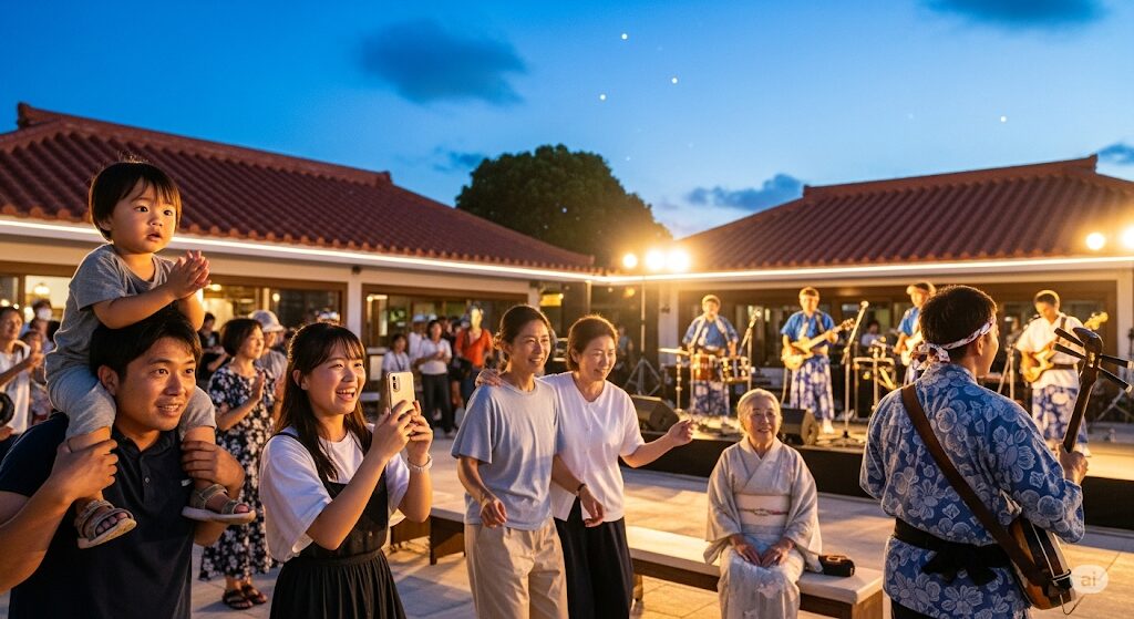 沖縄の屋外イベントで、三線演奏を楽しむ世代を超えた観客たち。小さな子どもからお年寄りまで、沖縄のスターが幅広い層に愛されている様子。