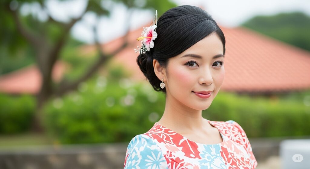沖縄の自然を背景に、透明感のある美しさを持つ沖縄出身の女性芸能人が優しく微笑むポートレート。彼女たちの魅力と沖縄美人の秘訣を表現。