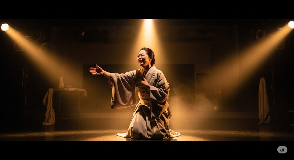 ステージ上で演技をする日本人女性。多岐にわたる分野で活躍を続ける沖縄芸能人の現在の活動を象徴するイメージです。