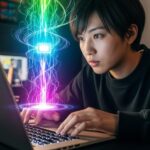 ノートPCでゲームをプレイする日本人。Ryzen 7 PRO 6850Hのゲーム性能を視覚的に表現。